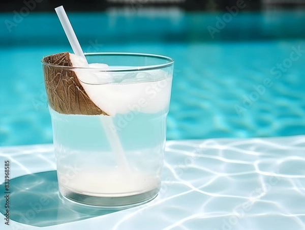 Fototapeta A Glass of Coconut juice with green coconut, Refreshing and healthy green coconut juice with ice in a glass with a summer background