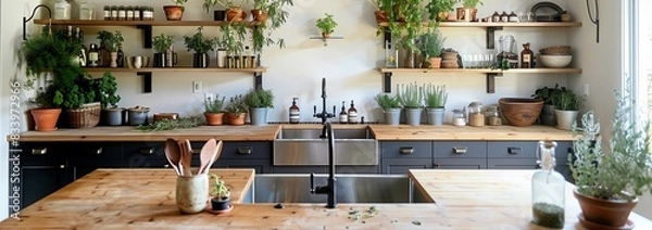 Fototapeta Rustic farmhouse kitchen with open shelving, butcher block countertops, and a large farmhouse sink surrounded by herb plants