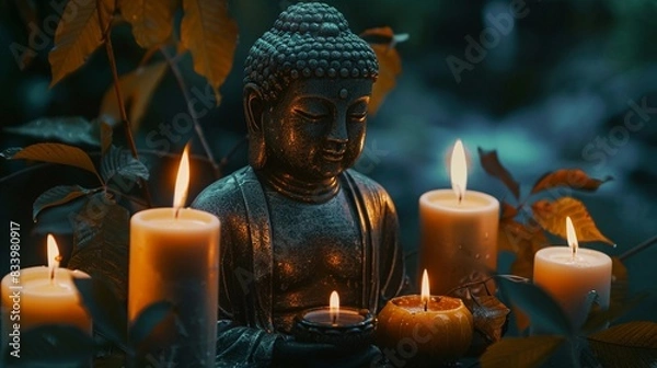 Fototapeta Buddha between leaves and candles