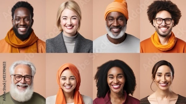 Fototapeta An array of happy and smiling faces of diverse people, showcasing various ethnicities, ages, and styles in a collage