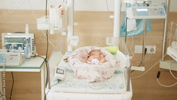 Fototapeta Two-day-old newborn baby in intensive care unit in a medical incubator. Newborn rescue concept. The work of resuscitation doctors. A newborn child in the hospital. Baby in vertex inside incubator.
