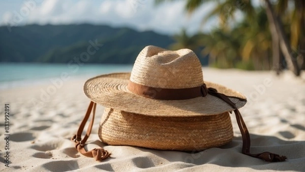 Obraz Bag with straw hat on the white sand on the tropical beach.
