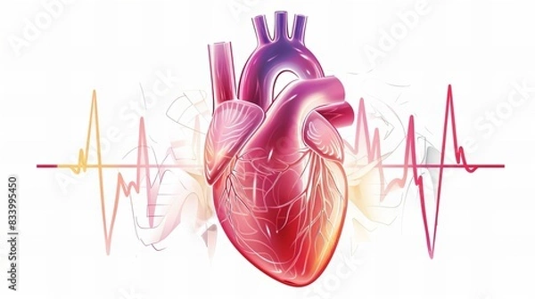 Fototapeta heart illustration with ecg graph showing heartbeat, concept of cardiology and pulse monitor