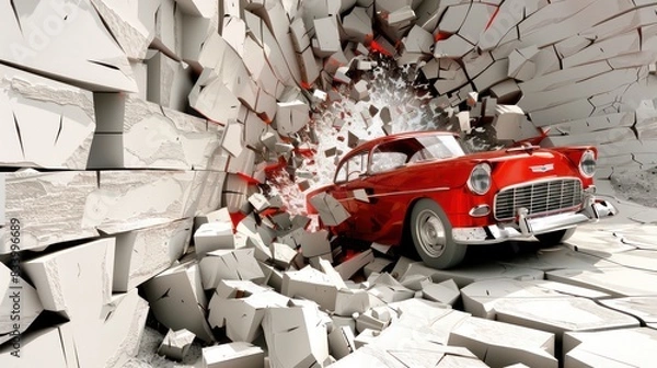 Fototapeta 3d wallpaper design with a classic car driving through a broken wall