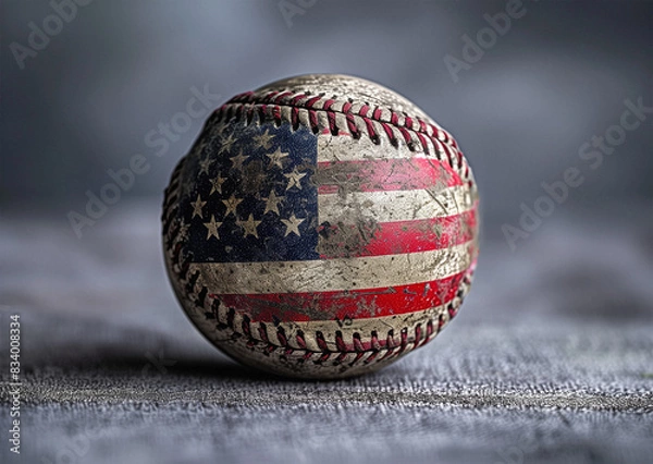 Fototapeta Close-up of baseball with American flag pattern and texture
