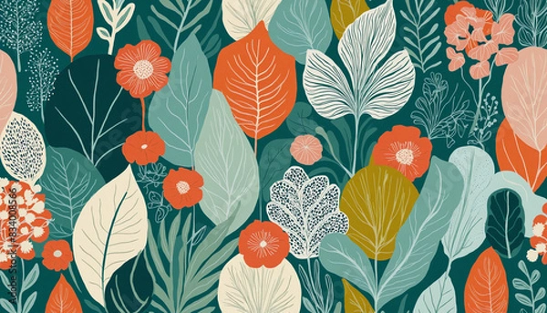 Fototapeta Abstract botanical nature art collage seamless pattern in vintage tones