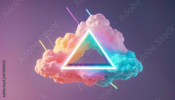 Fototapeta 3D rendering of a surreal neon triangle suspended in a pastel cloud, creating a futuristic and fantastic atmosphere