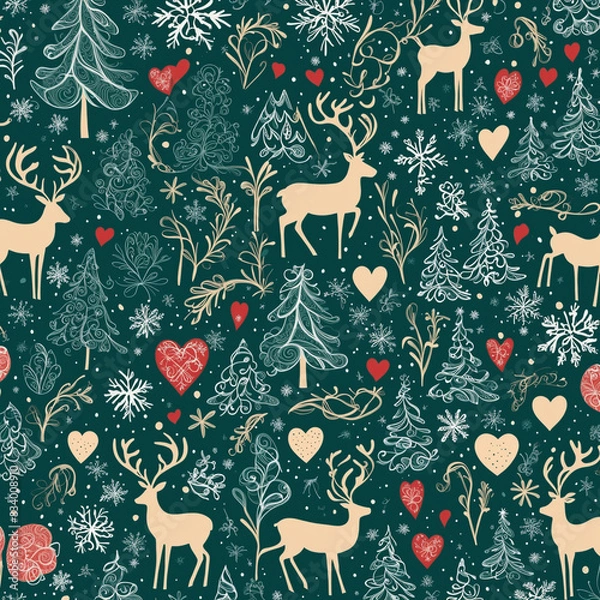 Obraz Cute Christmas holiday design featuring reindeer, snow, and a festive tree in a seamless pattern perfect for gift wrapping or textile print