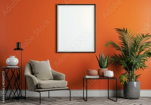 Fototapeta modern interior design with an armchair and a blank poster frame on an orange wall, a mock up for artwork or a picture in a living room at home. A contemporary style interior. 