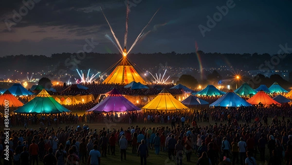 Fototapeta the vibrant atmosphere of the Glastonbury Festival, with colorful tents, energetic crowds, and performers on the iconic Pyramid Stage."