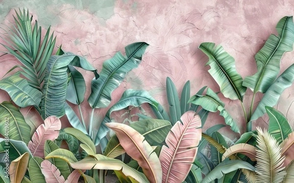 Obraz 3d classic wallpaper. green branches tree leaves on drawing gray mural background for bedroom decor. AI generated illustration