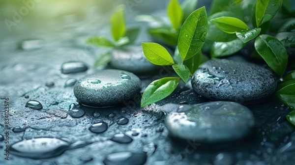 Fototapeta  A minimalist background with a close-up of smooth, heated massage stones and natural green leaves, embodying warmth and healing, suitable for a spa's massage therapy room