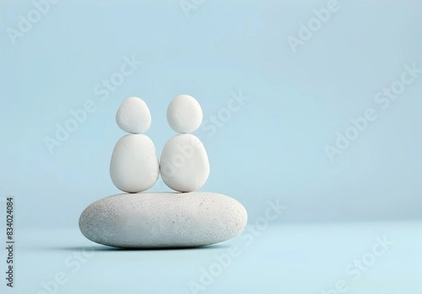 Fototapeta Three white pebbles stacked in the shape of people on light blue background, minimal concept photography 
