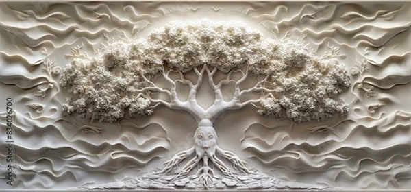 Obraz 3D relief white tree wallpaper mural wall. AI generated illustration