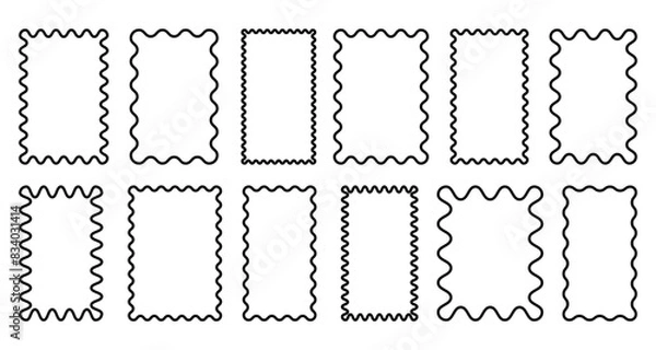 Fototapeta Squiggle frames set. Zigzag wavy edges, retro frames, psychedelic rectangles, photo frames, text boxes, tags, labels. Vector groovy shapes set. Wave and curvy borders.