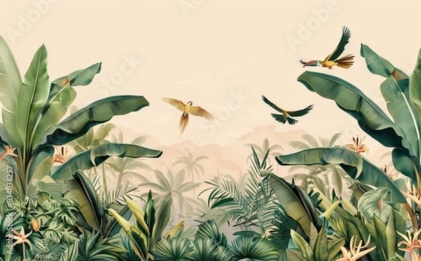 Fototapeta Illustration of tropical wallpaper print design with palm banana leaves and birds on canvas texture. Tropical plants and birds on textured background. AI generated illustration