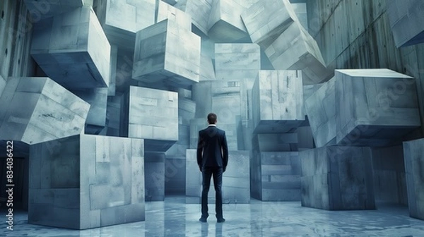 Obraz Businessman Standing Among Cubes