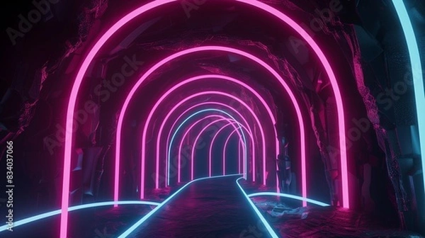 Fototapeta Neon pink and blue arches intersecting and diverging on a dark backdrop, forming an intricate and glowing network.
