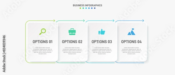 Obraz Horizontal progress bar featuring 4 arrow-shaped elements, symbolizing the four stages of business strategy and progression. Clean timeline infographic design template. Vector for presentation