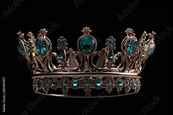 Fototapeta a royal crown with aquamarine shiny sparkling gemstones on plain black background from Generative AI