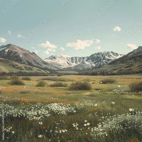 Fototapeta serene meadow with mountains in the background