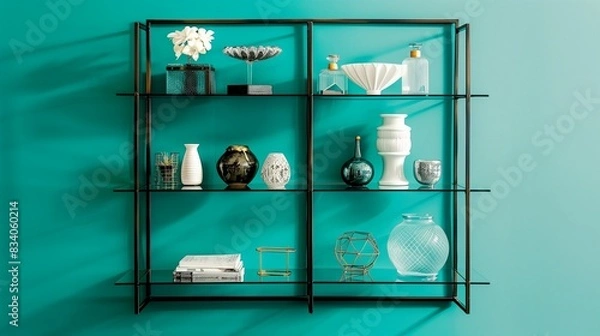 Fototapeta Modern glass shelving unit with decorative items against a vibrant teal wall, stylish living room furniture, contemporary home organization