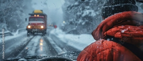 Fototapeta Behind the wheel of a tow truck, a driver responds swiftly to assist a stranded motorist, their professionalism shining through even in adverse conditions.