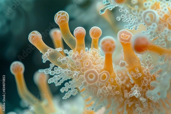 Fototapeta A detailed view of yeast fungi in a nutrient-rich medium, showing enhanced cell growth,