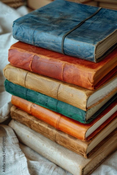 Fototapeta A stack of recycled paper notebooks with plain covers, neatly arranged on a white background,