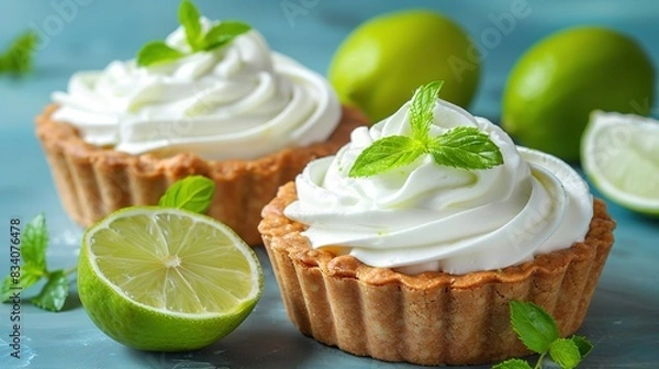 Fototapeta   A photo captures two cupcakes sitting atop a table surrounded by limes
