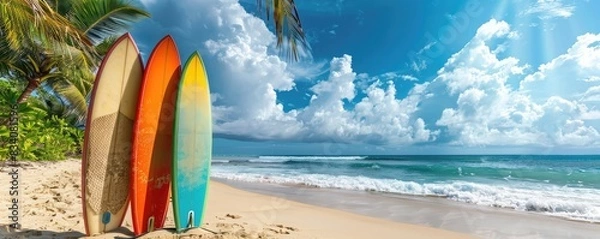Obraz colored surfboards standing on a sandy beach against a serene blue ocean backdrop. copy space for text.