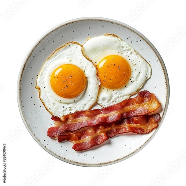 Fototapeta Fried eggs and bacon for breakfast isolated on transparent or white background, png
