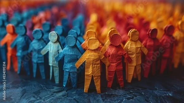 Fototapeta Colorful Paper Cutout Depicting Unity and Community - Many People Standing Together with Central Figure Reaching Out