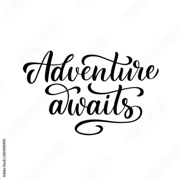Fototapeta Adventure awaits vector lettering composition in script style. 