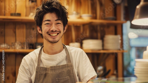 Fototapeta Cheerful young man with an apron standing in a cozy cafe setting