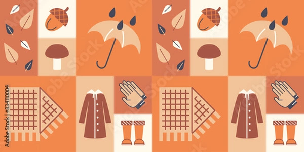 Fototapeta Autumn elements Square murals pattern. Falling Leaves, acorn, mushroom. Rain falls on umbrella. Waterproof clothing - rubber boots, raincoat, gloves and scarf. Orange, brown. Vector illustration