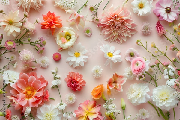 Obraz Fiori colorati sparsi su fondale rosa visti dall'alto