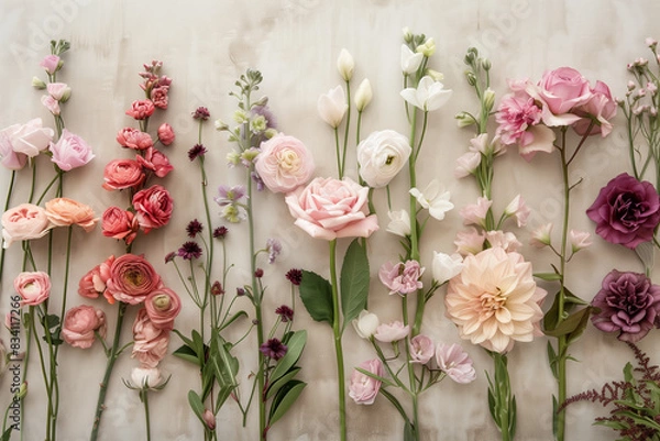 Obraz Fiori colorati sparsi su fondale bianco neutro