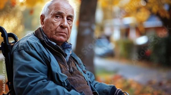 Fototapeta An older man with Down syndrome sits in a wheelchair outdoors