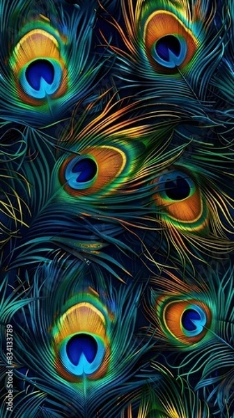 Fototapeta seamless pattern of peacock feathers, bird print texture,  blue and green  background, feather wallpaper .	
