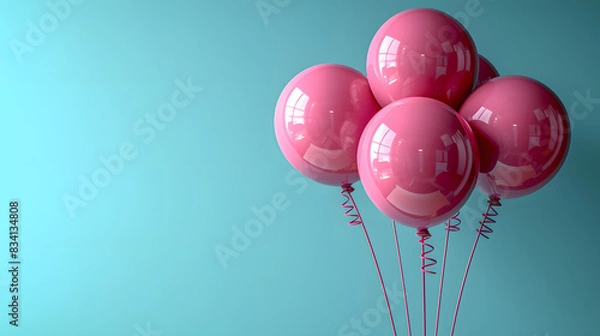 Fototapeta Background with festive pink realistic 3d balloons with ribbons. Celebratory design with pink balloons on blue background. Stylish poster, cover, banner, site, mobile app.
