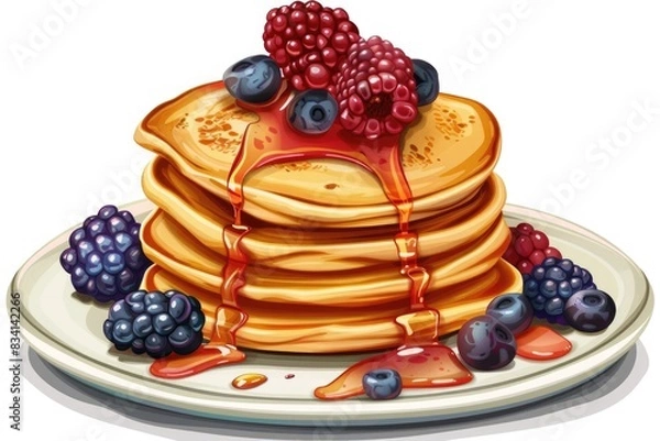 Fototapeta Pancakes On White. American Breakfast of Delicious Pancakes with Berry Toppings