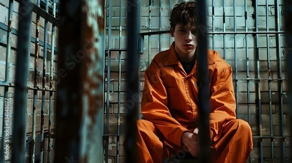 Fototapeta Teenage Male Prisoner In Orange Jumpsuit Locked Up Behind Bars (Generative AI)