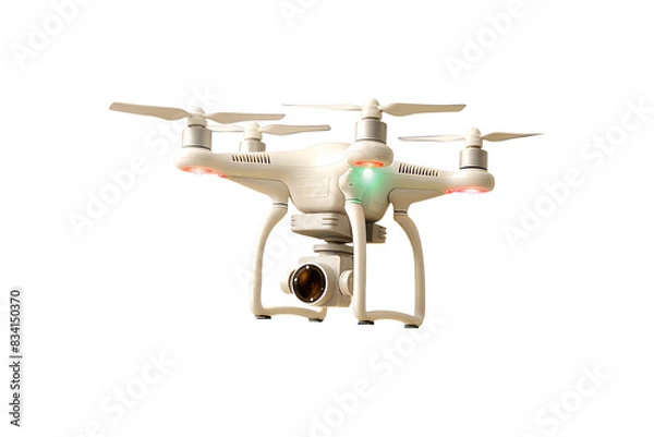Fototapeta White quadcopter drone with a camera, captured mid-flight. Perfect for technology and photography themes. Isolated on transparent background. 