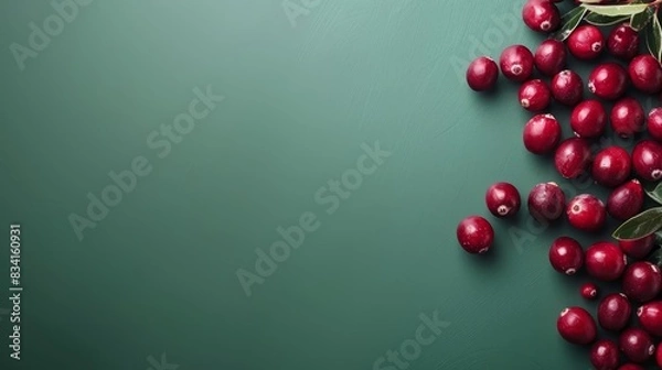 Fototapeta Fresh and sweet cranberries on a turquoise green background. Top view and copy space