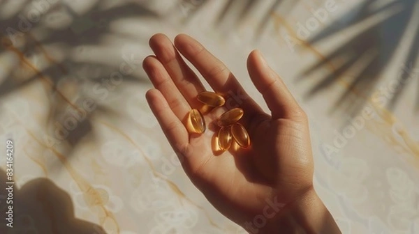 Obraz Woman holding omega-3 capsules in sunlight with shadows