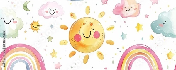 Fototapeta Smiling Sun With Rainbow And Clouds