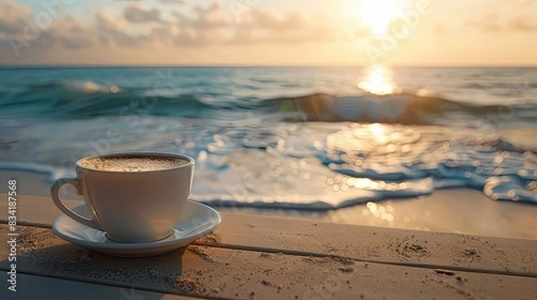 Fototapeta A calm morning beach scene with a cup of coffee on a table, waves gently crashing in the background.