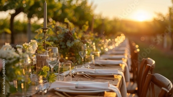 Obraz Inviting Wedding Table Setting at Sunset in Vineyard