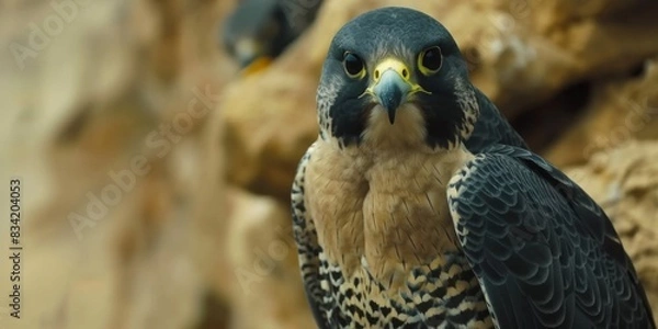 Fototapeta A close-up view of a bird of prey sitting on a rocky outcropping